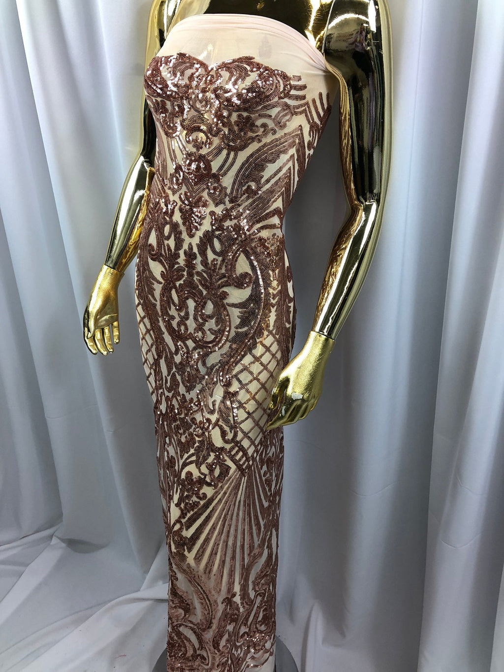 Iridescent - Rose Gold - 4 Way Stretch Sequins Damask Pattern Fabric  - Sold By The Yard