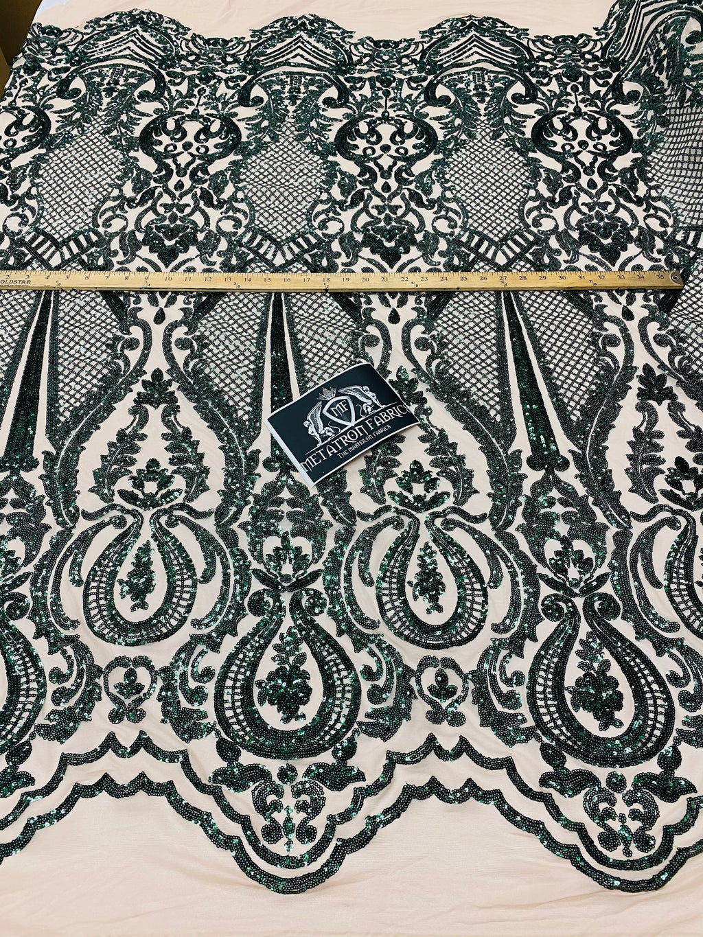 4 Way Stretch Fabric - Hunter Green - Damask Sequins Vintage Design on Nude Spandex Mesh Trend Fabric