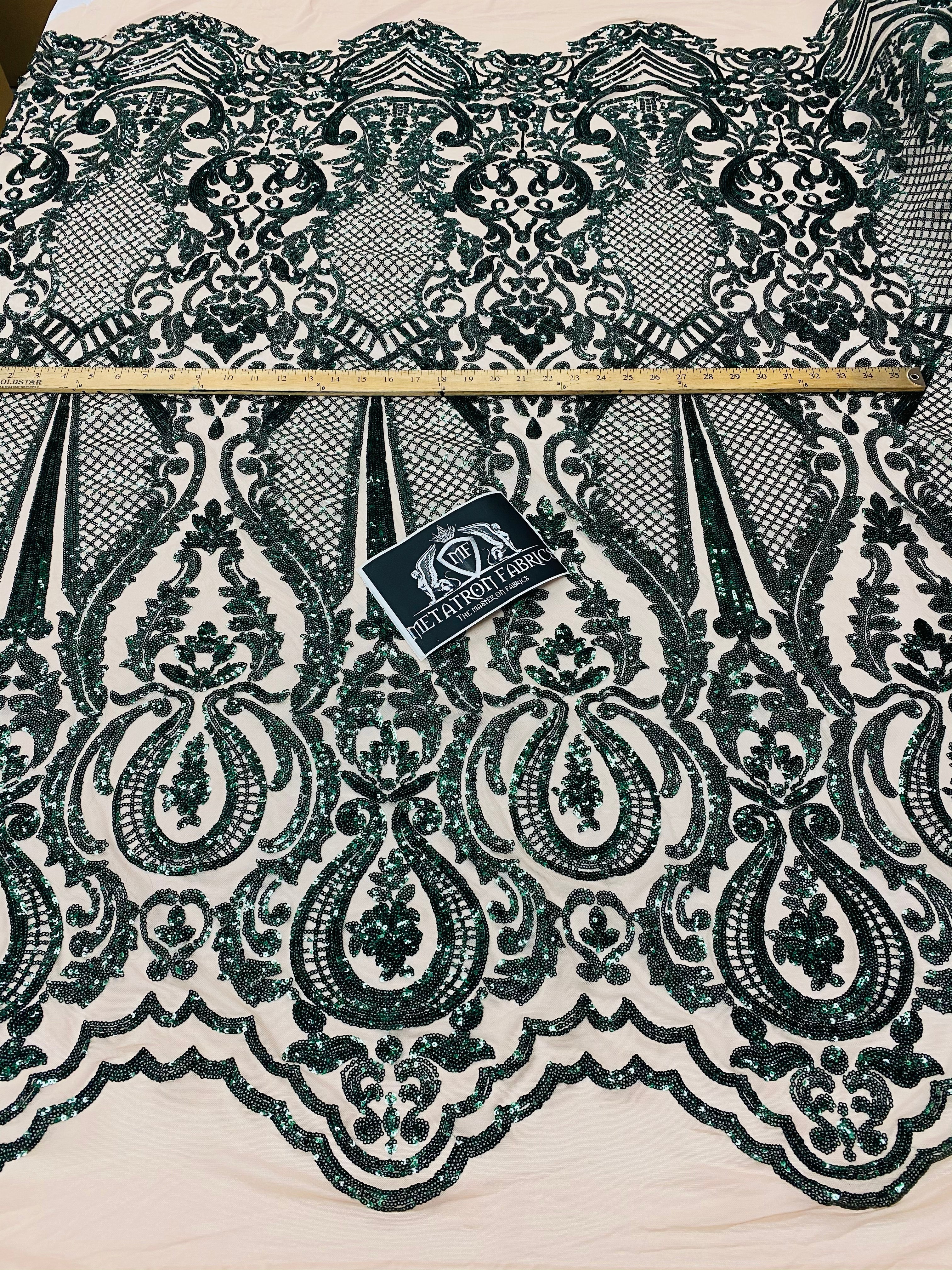 4 Way Stretch Fabric - Hunter Green - Damask Sequins Vintage Design on Nude Spandex Mesh Trend Fabric