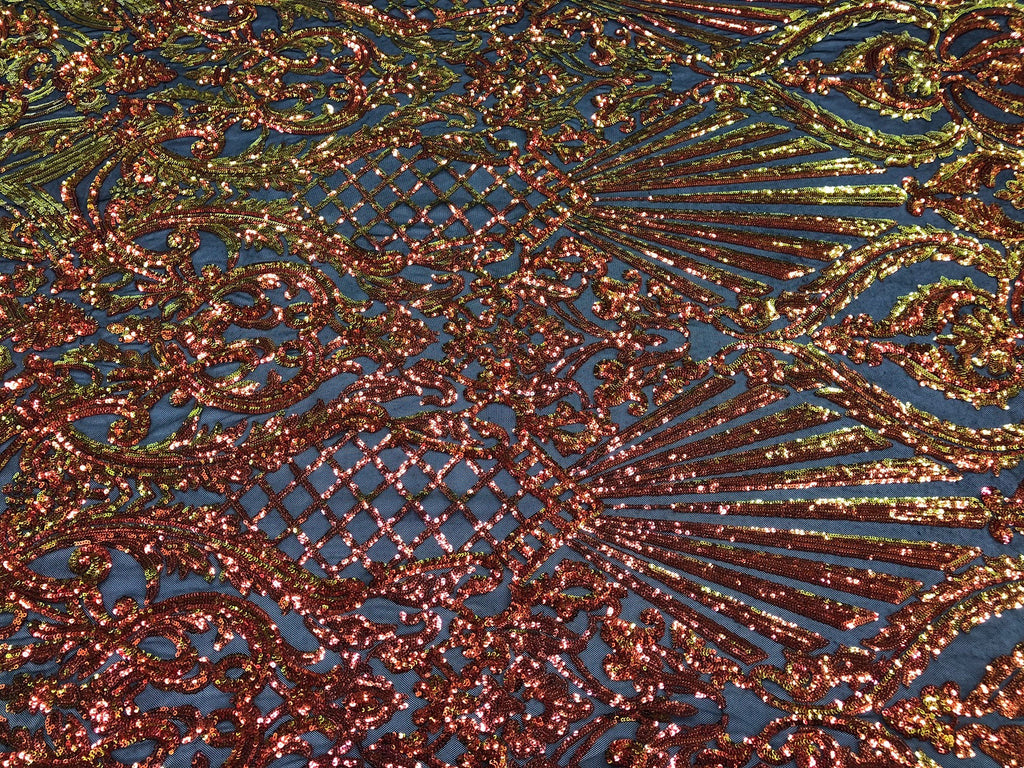 Iridescent - Orange Black Mesh - 4 Way Stretch Sequins Damask Pattern Fabric  - Sold By The Yard