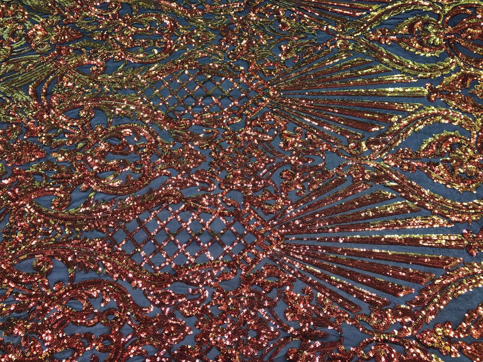 Iridescent - Orange Black Mesh - 4 Way Stretch Sequins Damask Pattern Fabric  - Sold By The Yard