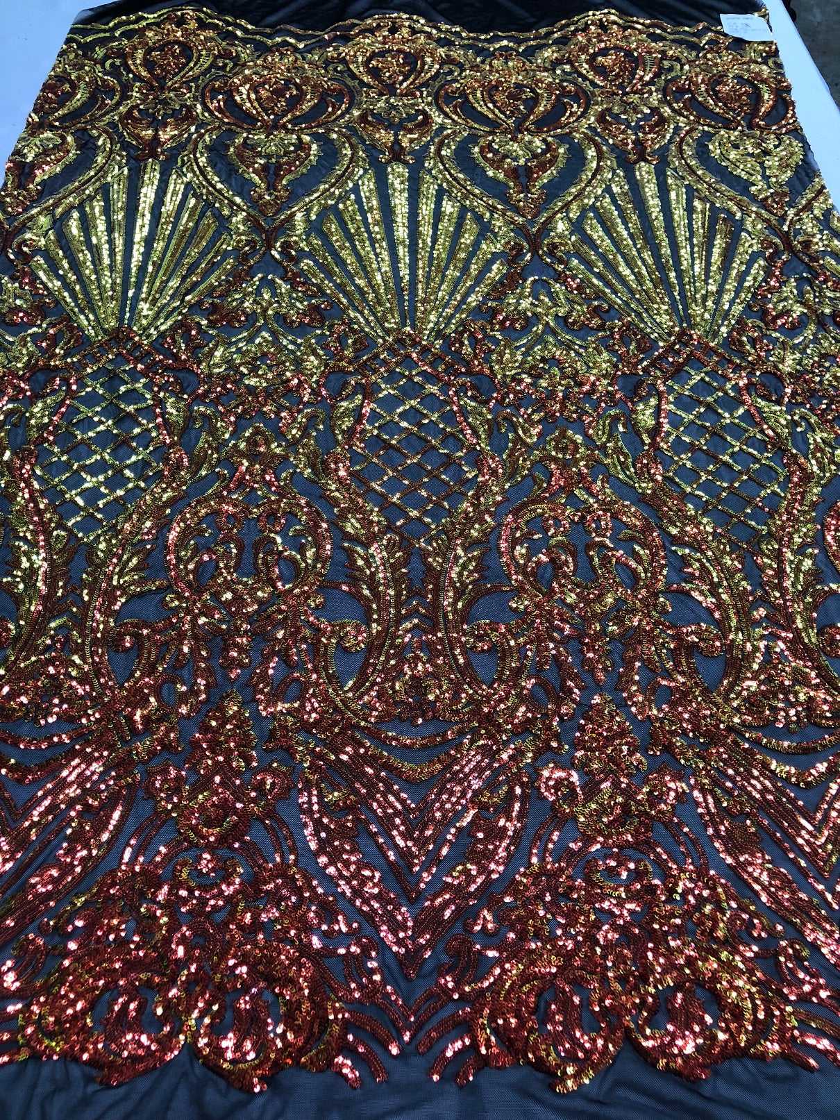 Iridescent - Orange Black Mesh - 4 Way Stretch Sequins Damask Pattern Fabric  - Sold By The Yard