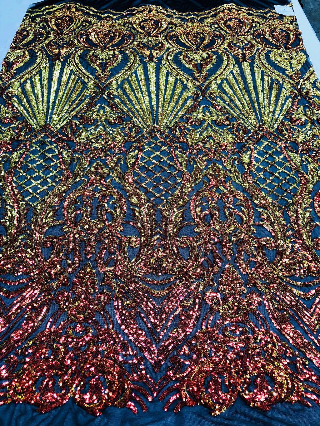 Iridescent - Orange Black Mesh - 4 Way Stretch Sequins Damask Pattern Fabric  - Sold By The Yard