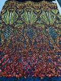 Iridescent - Orange Black Mesh - 4 Way Stretch Sequins Damask Pattern Fabric  - Sold By The Yard