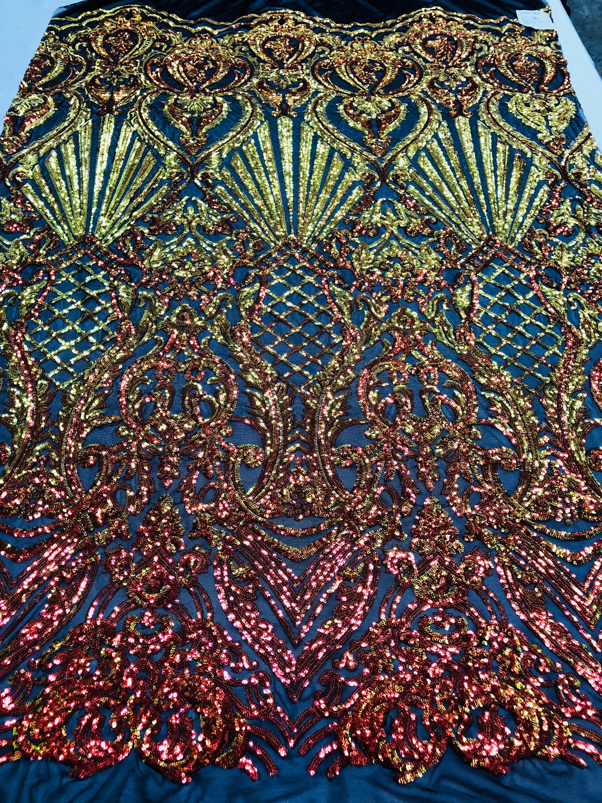 Iridescent - Orange Black Mesh - 4 Way Stretch Sequins Damask Pattern Fabric  - Sold By The Yard