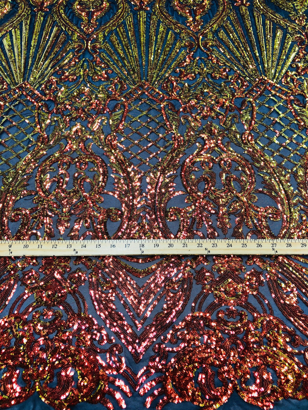 Iridescent - Orange Black Mesh - 4 Way Stretch Sequins Damask Pattern Fabric  - Sold By The Yard