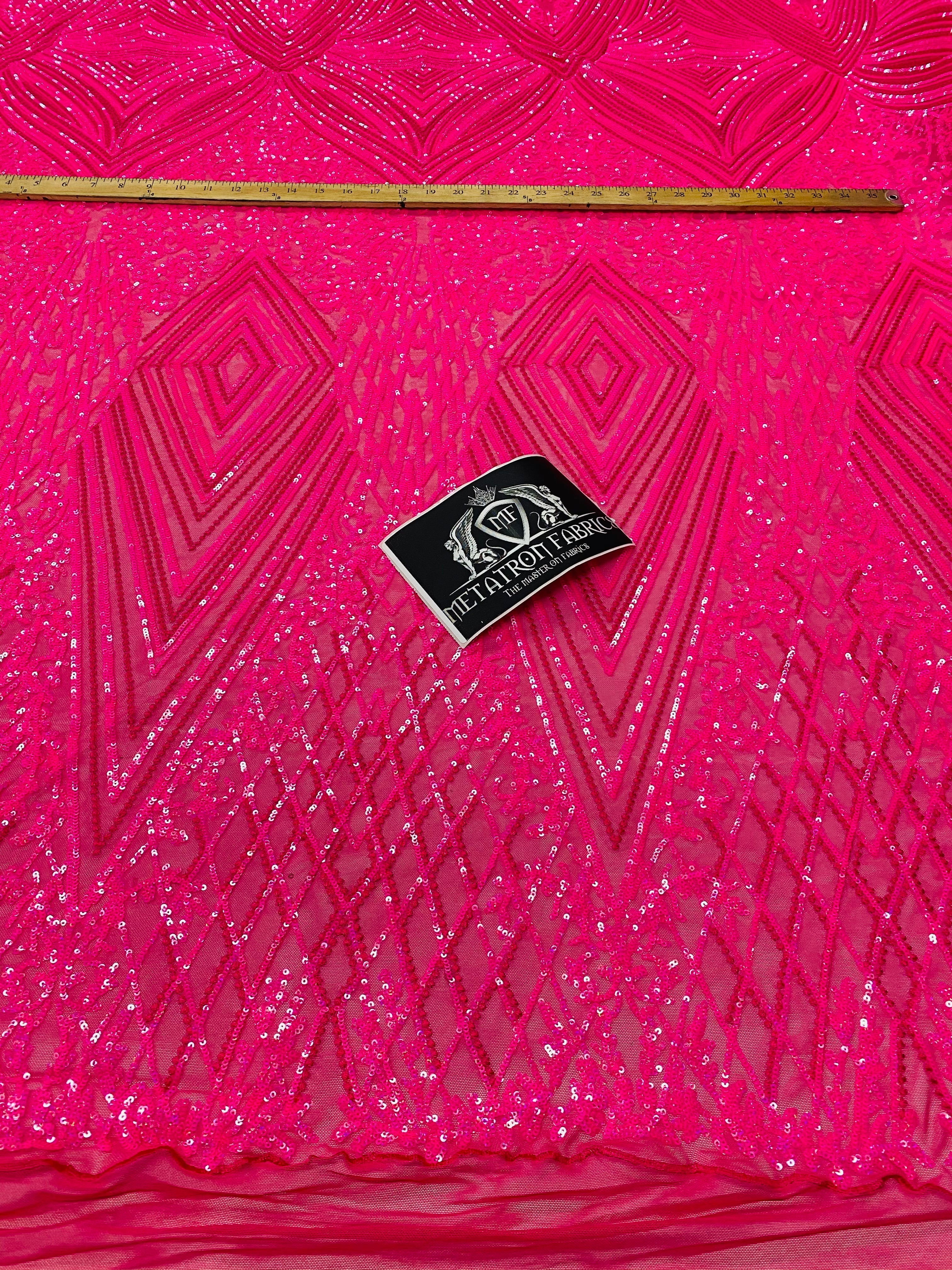 4 Way Stretch Fabric - Hot Pink - Triangle Geometric Sequins Design on Spandex Mesh Fashion Fabric