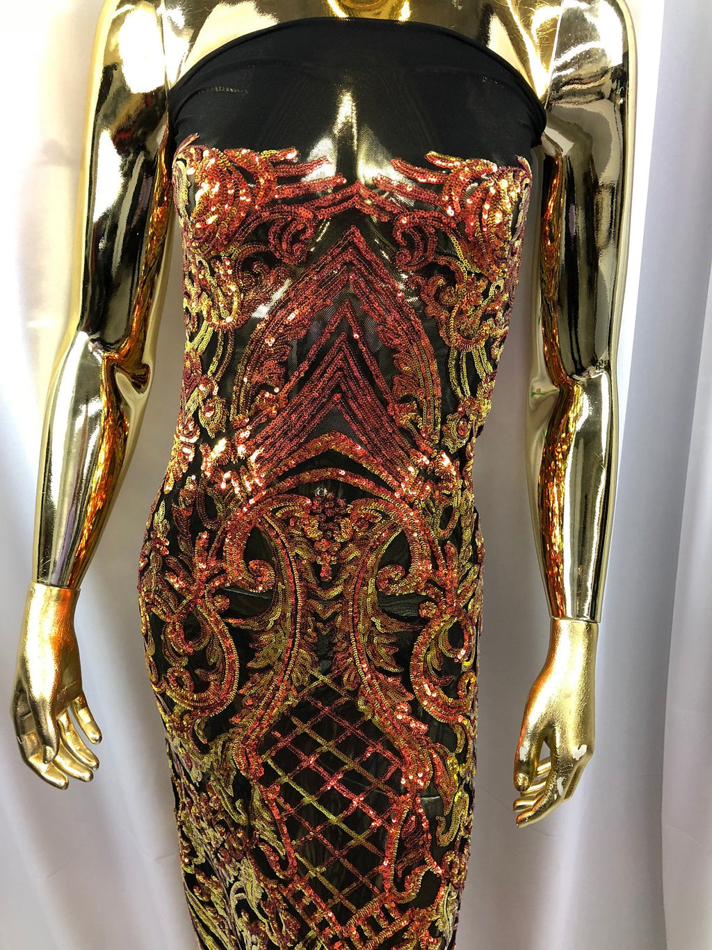 Iridescent - Orange Black Mesh - 4 Way Stretch Sequins Damask Pattern Fabric  - Sold By The Yard