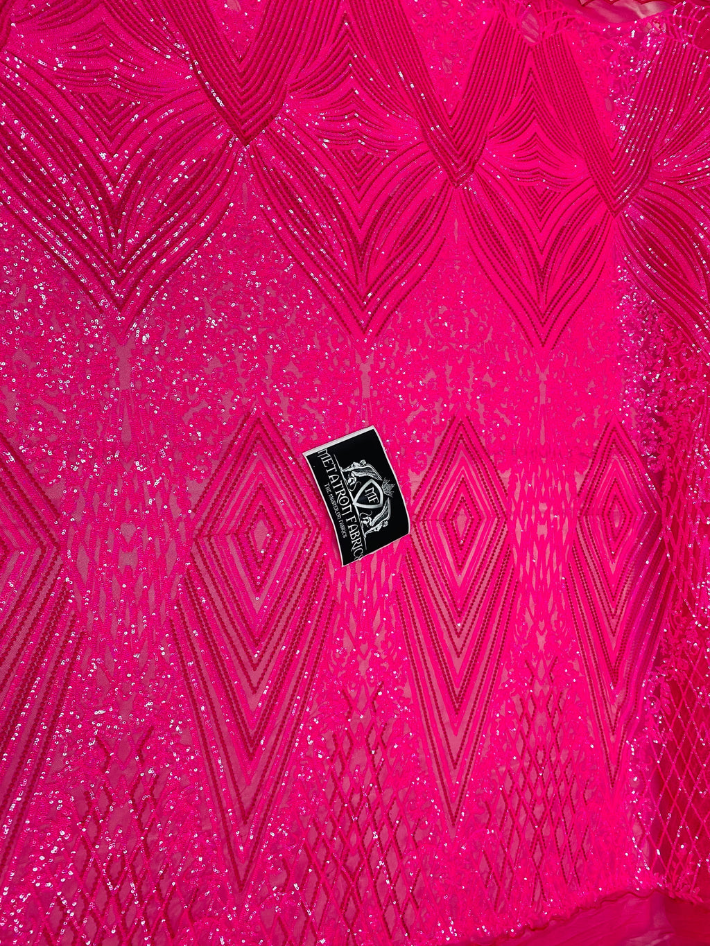 4 Way Stretch Fabric - Hot Pink - Triangle Geometric Sequins Design on Spandex Mesh Fashion Fabric
