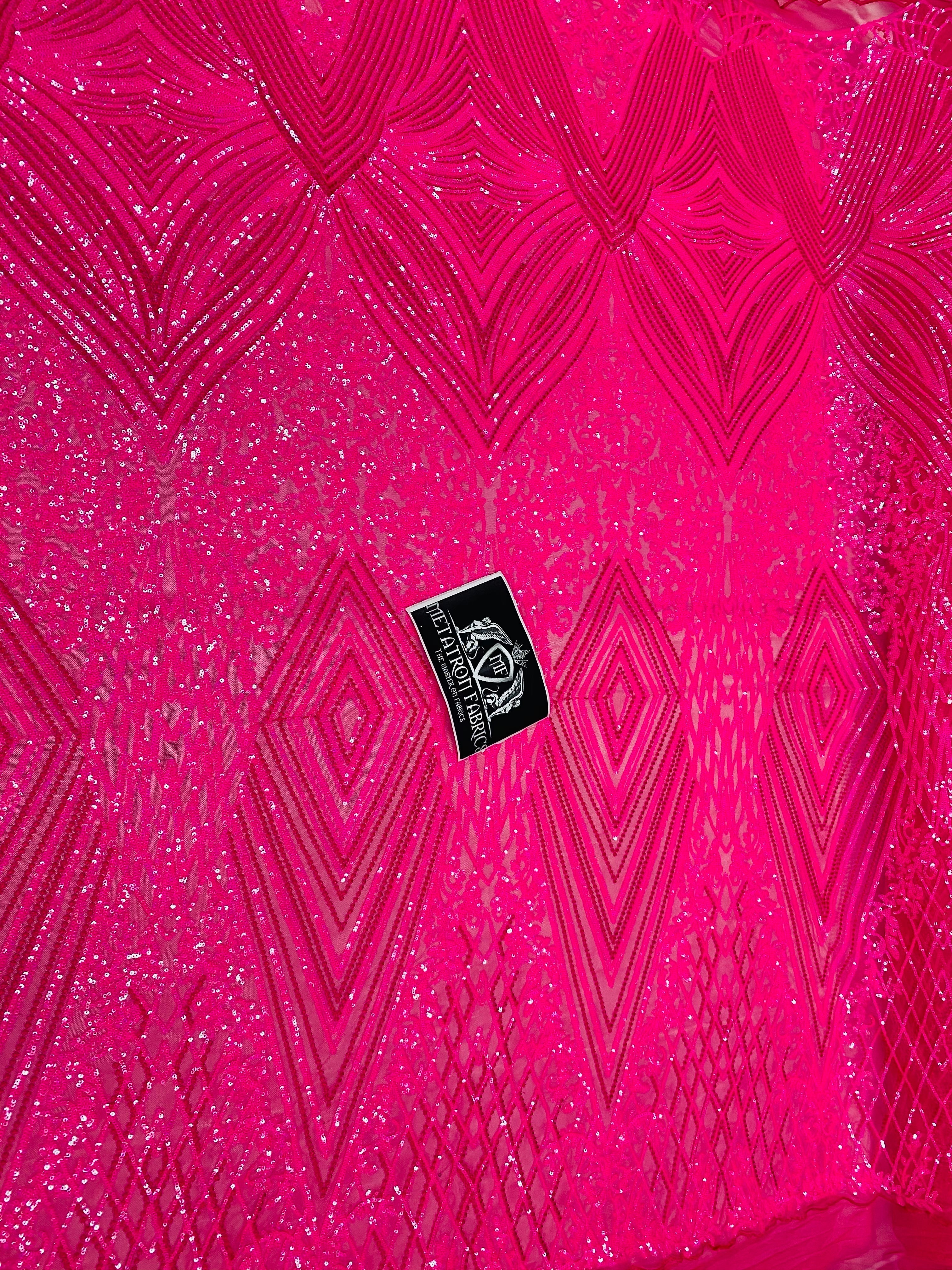 4 Way Stretch Fabric - Hot Pink - Triangle Geometric Sequins Design on Spandex Mesh Fashion Fabric