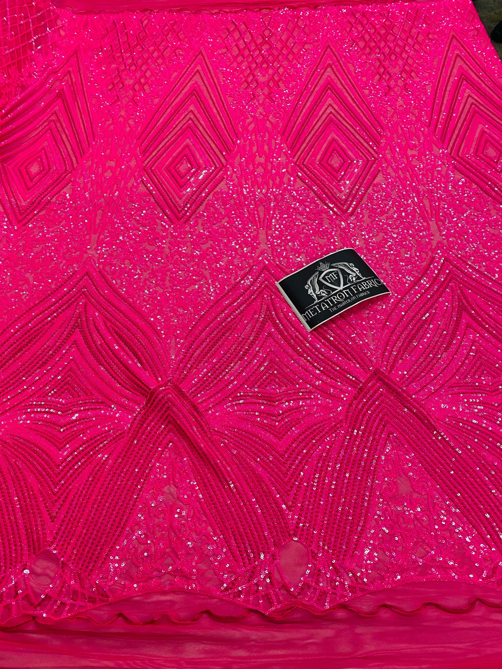 4 Way Stretch Fabric - Hot Pink - Triangle Geometric Sequins Design on Spandex Mesh Fashion Fabric