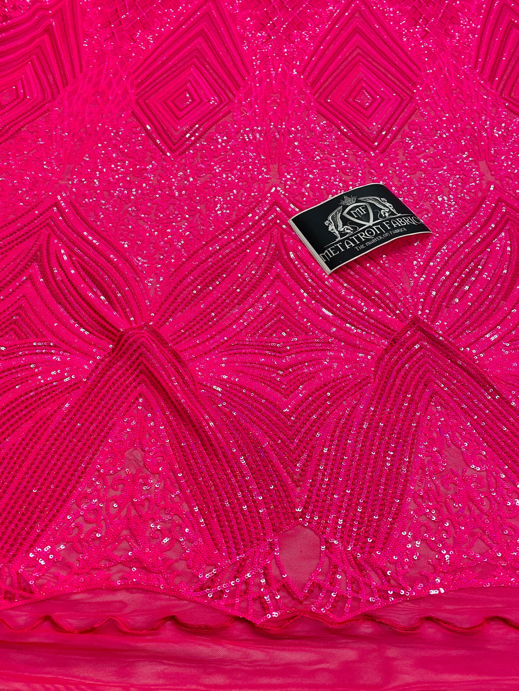 4 Way Stretch Fabric - Hot Pink - Triangle Geometric Sequins Design on Spandex Mesh Fashion Fabric