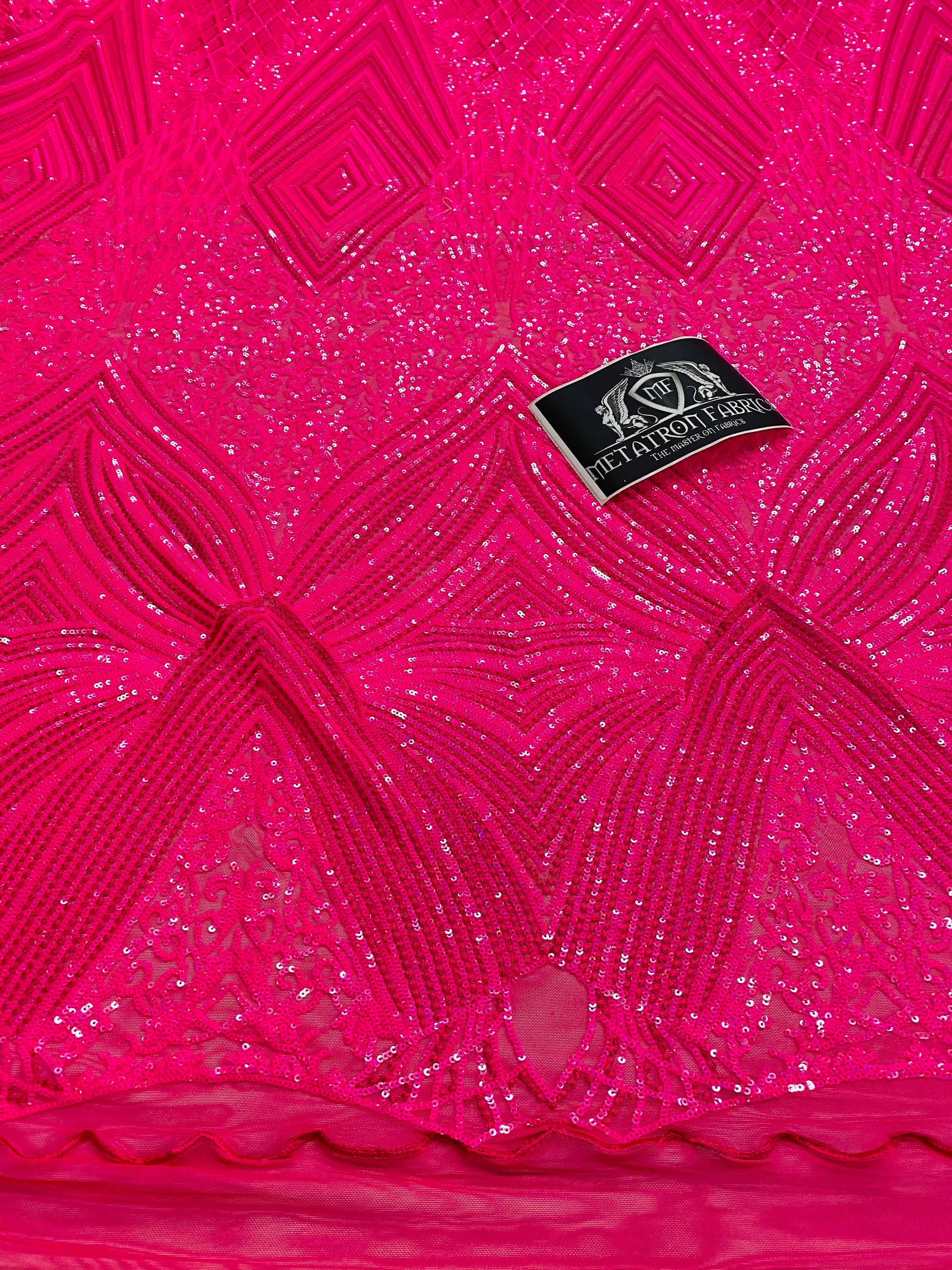 4 Way Stretch Fabric - Hot Pink - Triangle Geometric Sequins Design on Spandex Mesh Fashion Fabric