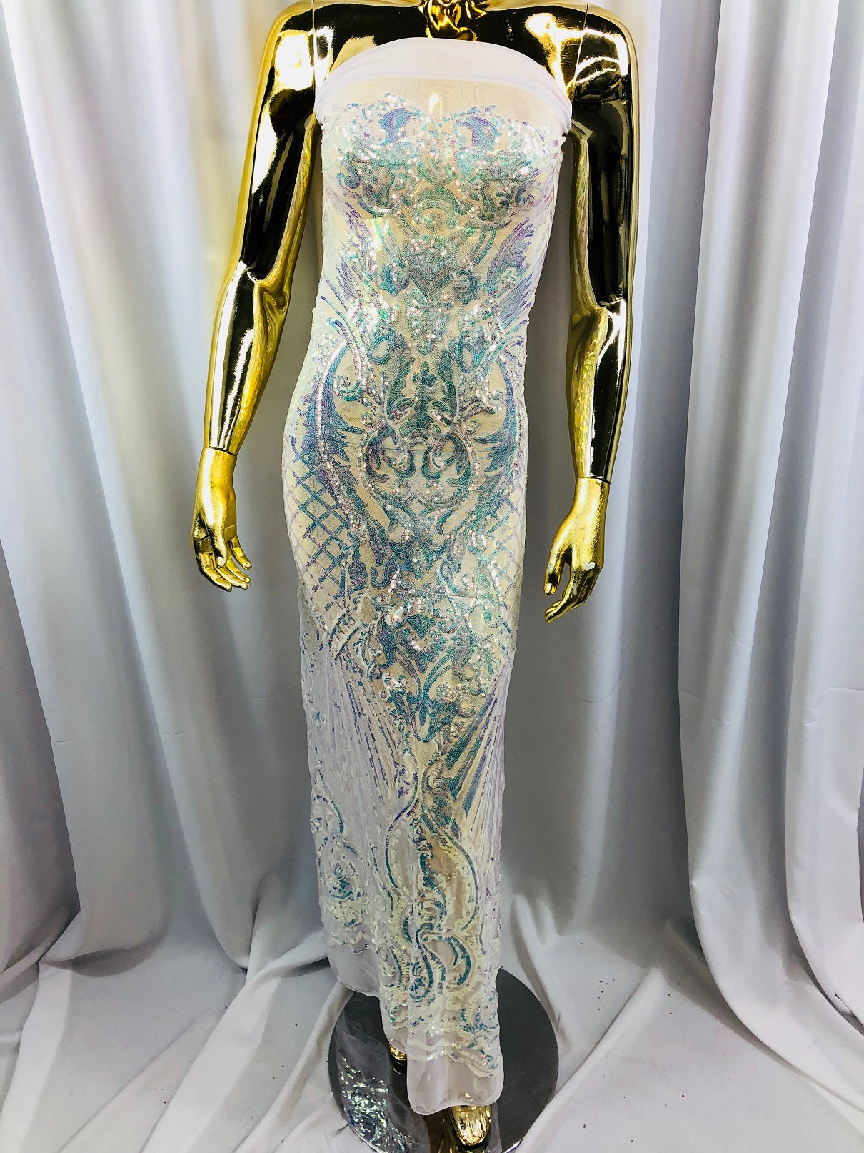 Iridescent - Baby Blue - 4 Way Stretch Sequins Damask Pattern Fabric  - Sold By The Yard