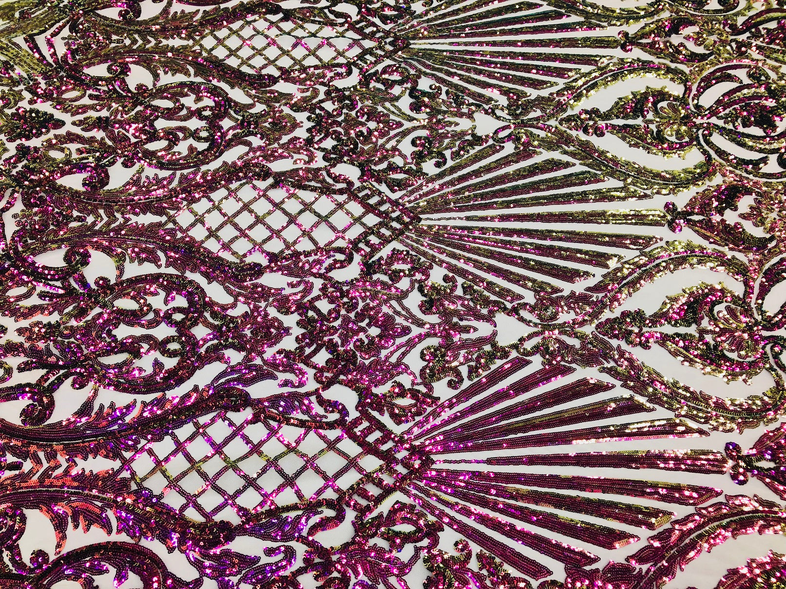 Iridescent - Magenta Gold - 4 Way Stretch Sequins Damask Pattern Fabric  - Sold By The Yard