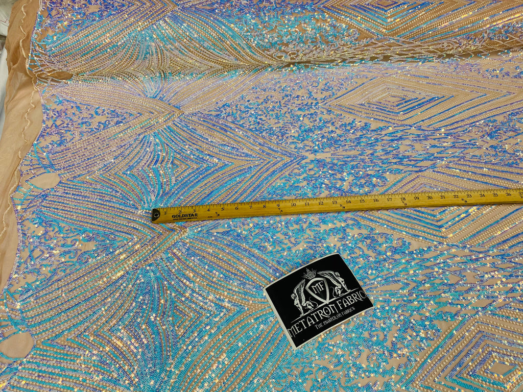 4 Way Stretch Fabric - Aqua - Triangle Geometric Sequins Design on Spandex Mesh Fashion Fabric