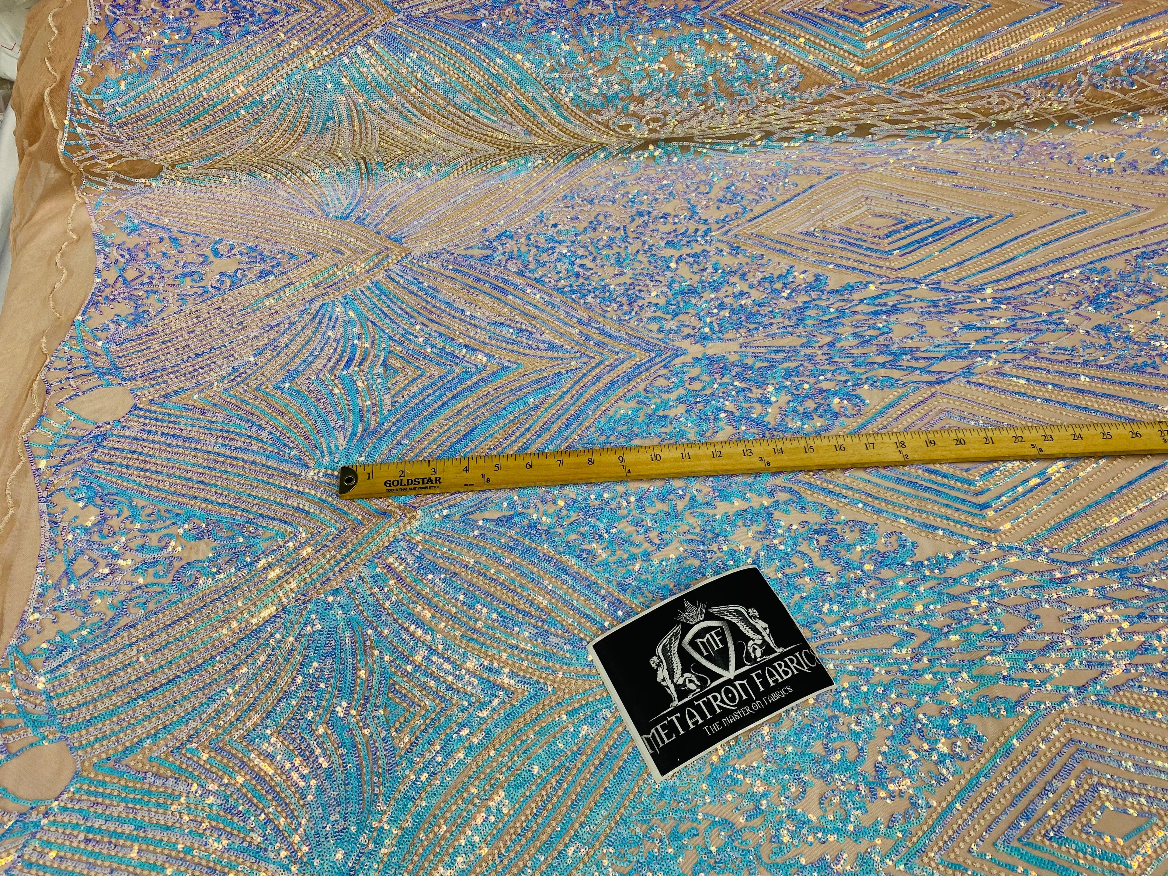 4 Way Stretch Fabric - Aqua - Triangle Geometric Sequins Design on Spandex Mesh Fashion Fabric