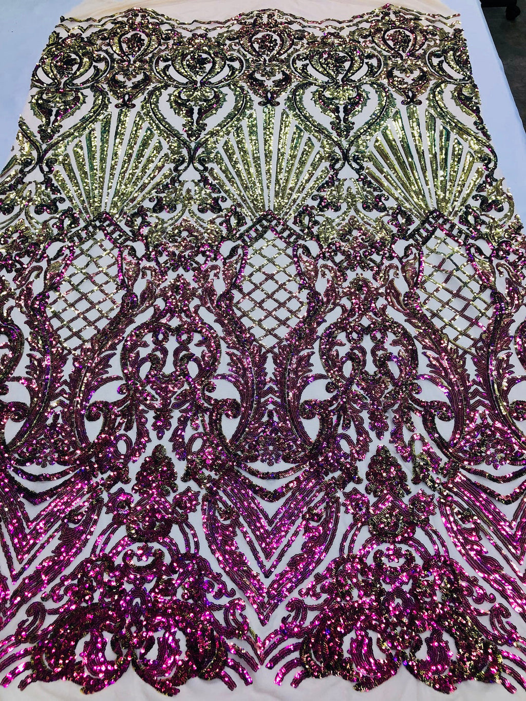 Iridescent - Magenta Gold - 4 Way Stretch Sequins Damask Pattern Fabric  - Sold By The Yard