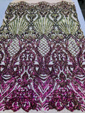 Iridescent - Magenta Gold - 4 Way Stretch Sequins Damask Pattern Fabric  - Sold By The Yard
