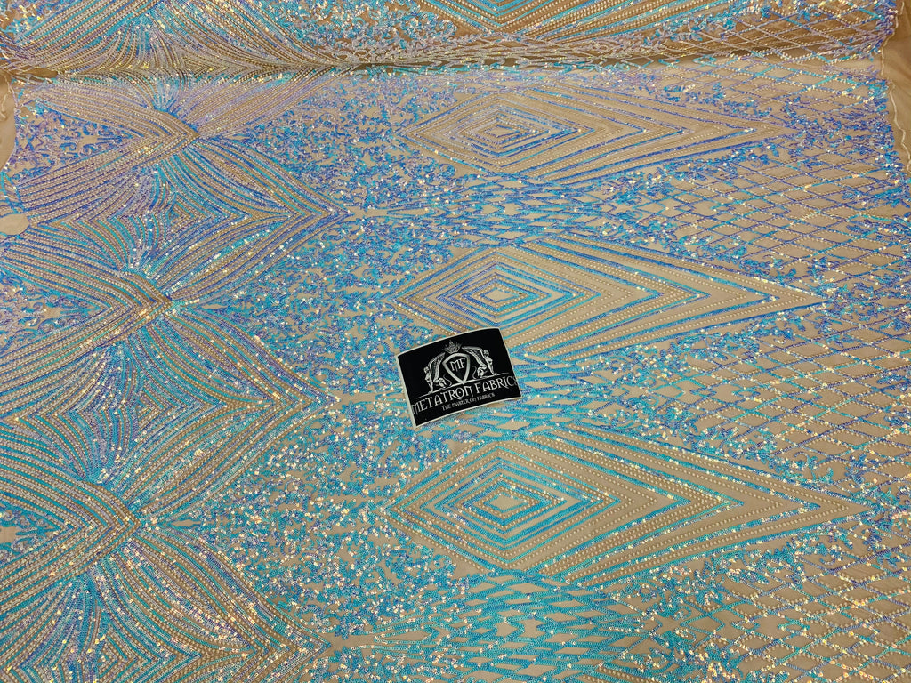 4 Way Stretch Fabric - Aqua - Triangle Geometric Sequins Design on Spandex Mesh Fashion Fabric