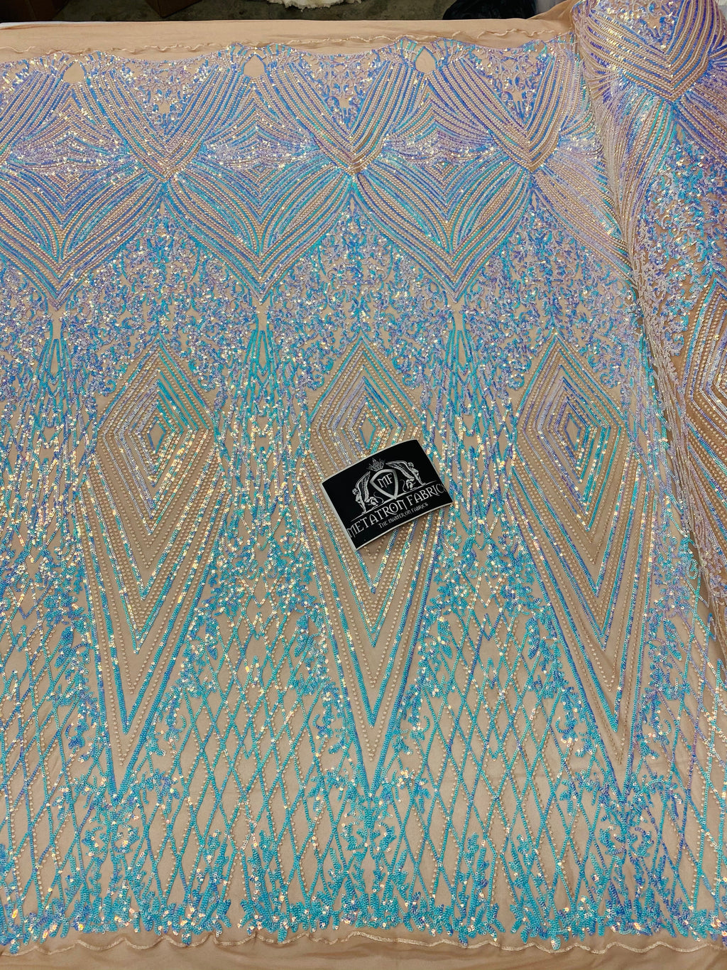 4 Way Stretch Fabric - Aqua - Triangle Geometric Sequins Design on Spandex Mesh Fashion Fabric