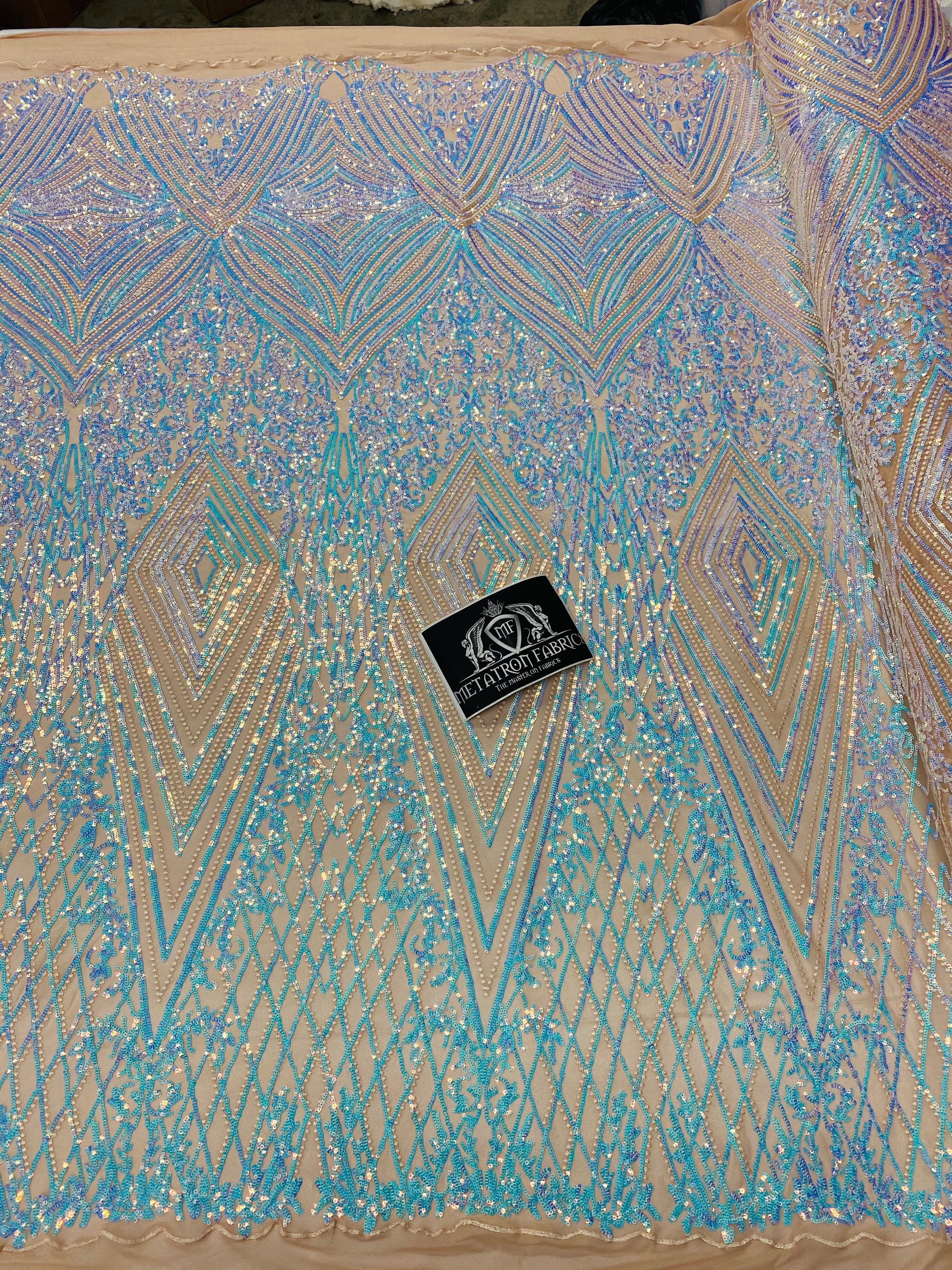 4 Way Stretch Fabric - Aqua - Triangle Geometric Sequins Design on Spandex Mesh Fashion Fabric