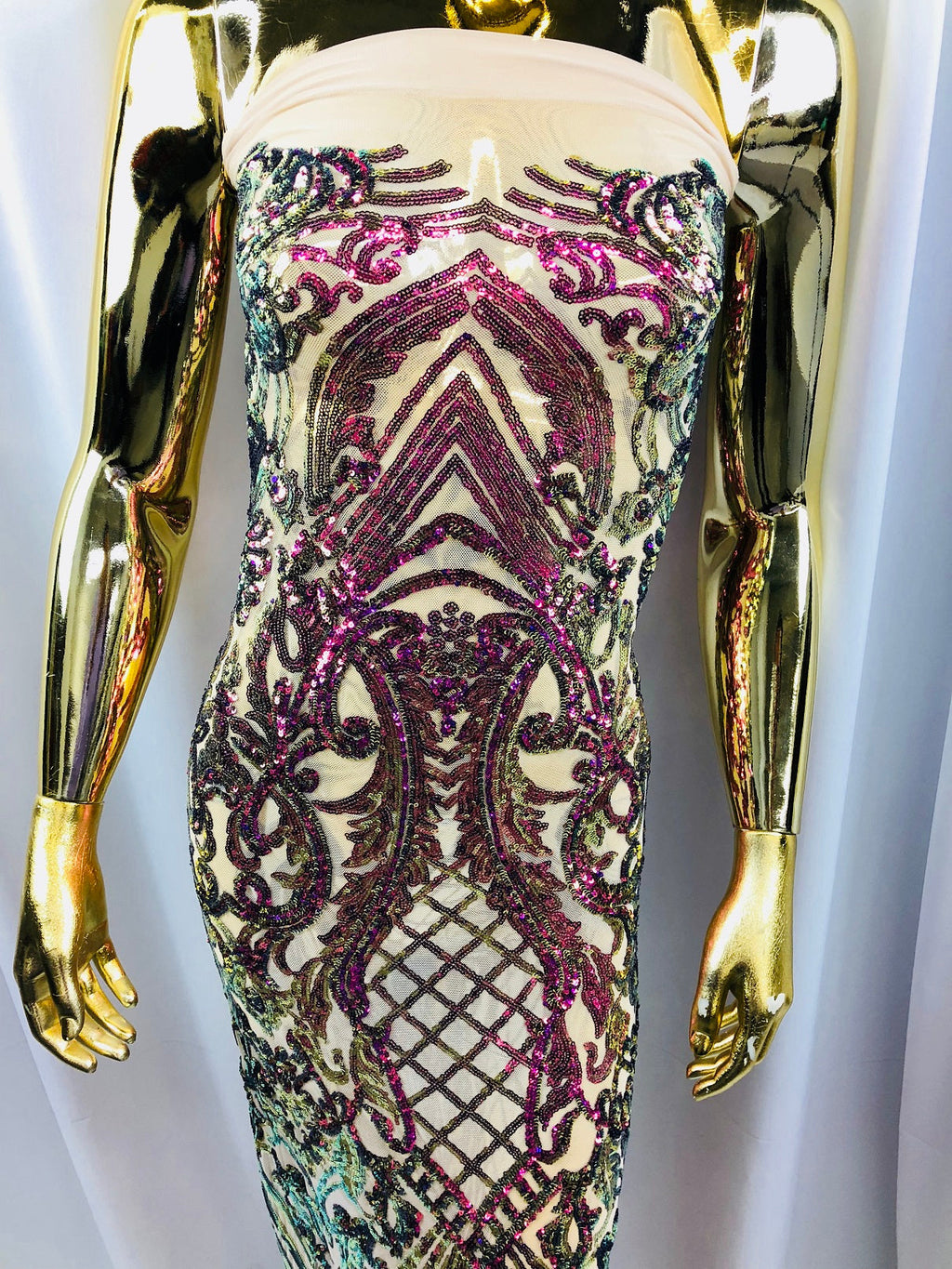 Iridescent - Magenta Gold - 4 Way Stretch Sequins Damask Pattern Fabric  - Sold By The Yard