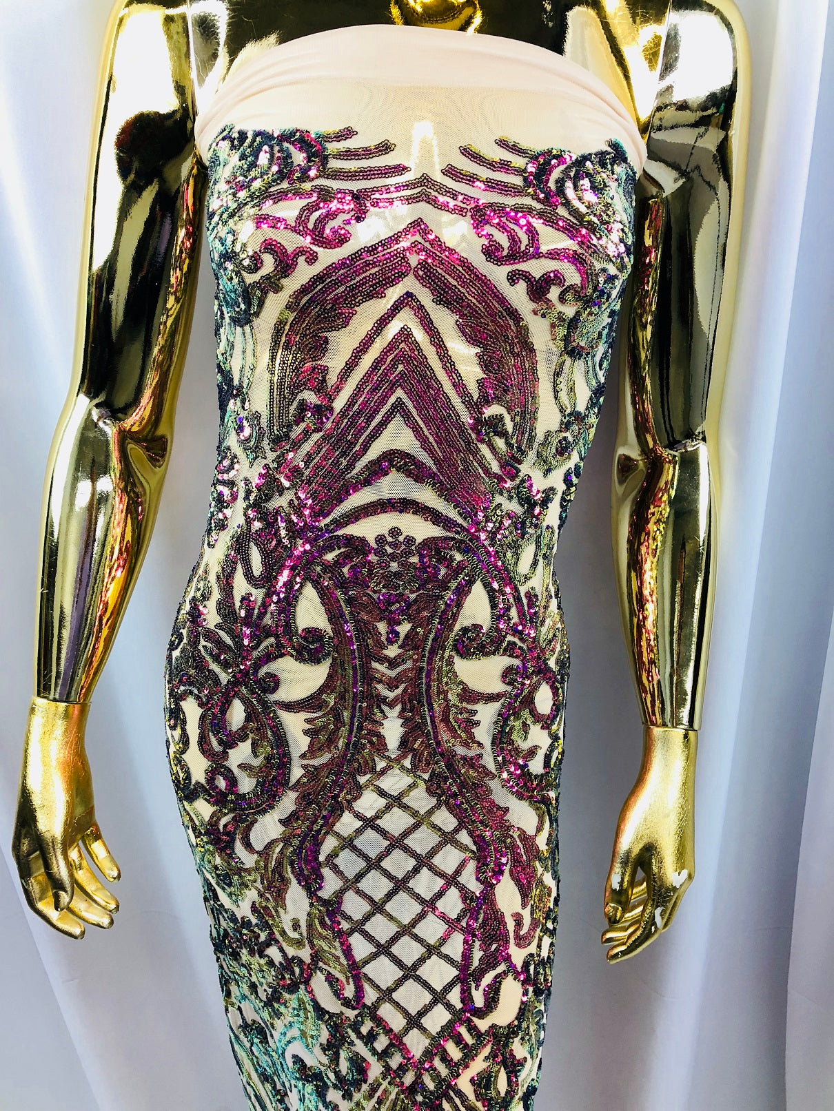 Iridescent - Magenta Gold - 4 Way Stretch Sequins Damask Pattern Fabric  - Sold By The Yard