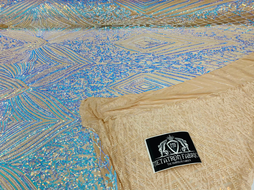 4 Way Stretch Fabric - Aqua - Triangle Geometric Sequins Design on Spandex Mesh Fashion Fabric