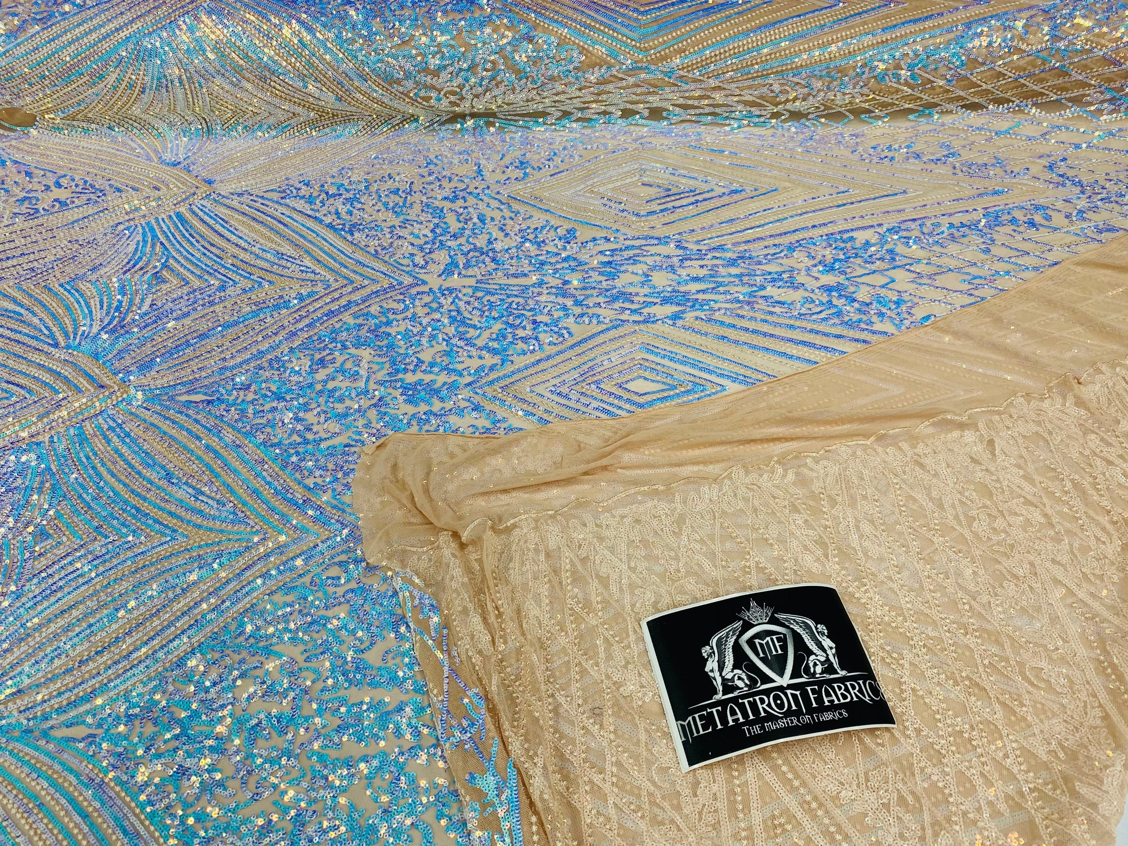 4 Way Stretch Fabric - Aqua - Triangle Geometric Sequins Design on Spandex Mesh Fashion Fabric