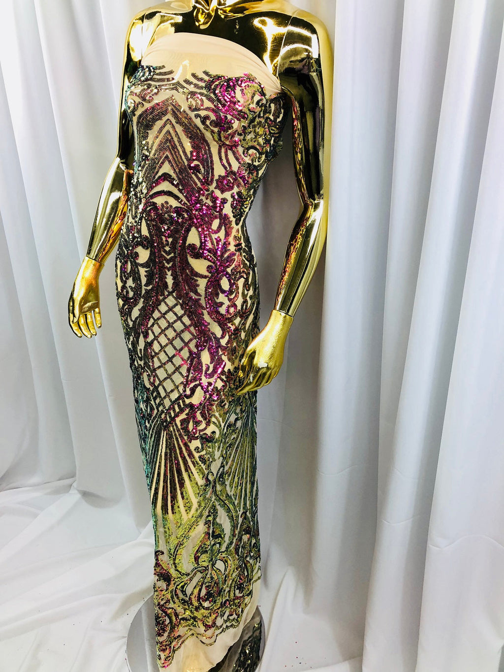 Iridescent - Magenta Gold - 4 Way Stretch Sequins Damask Pattern Fabric  - Sold By The Yard