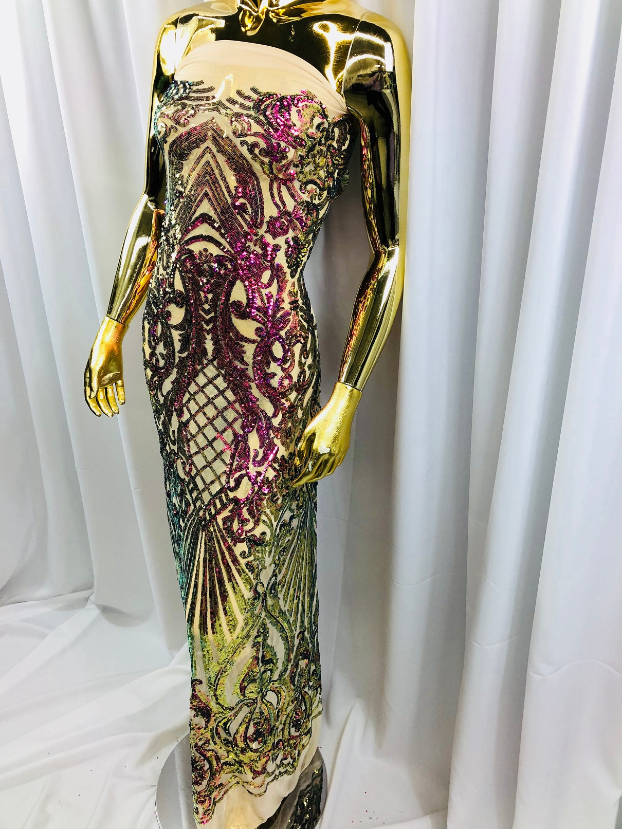 Iridescent - Magenta Gold - 4 Way Stretch Sequins Damask Pattern Fabric  - Sold By The Yard