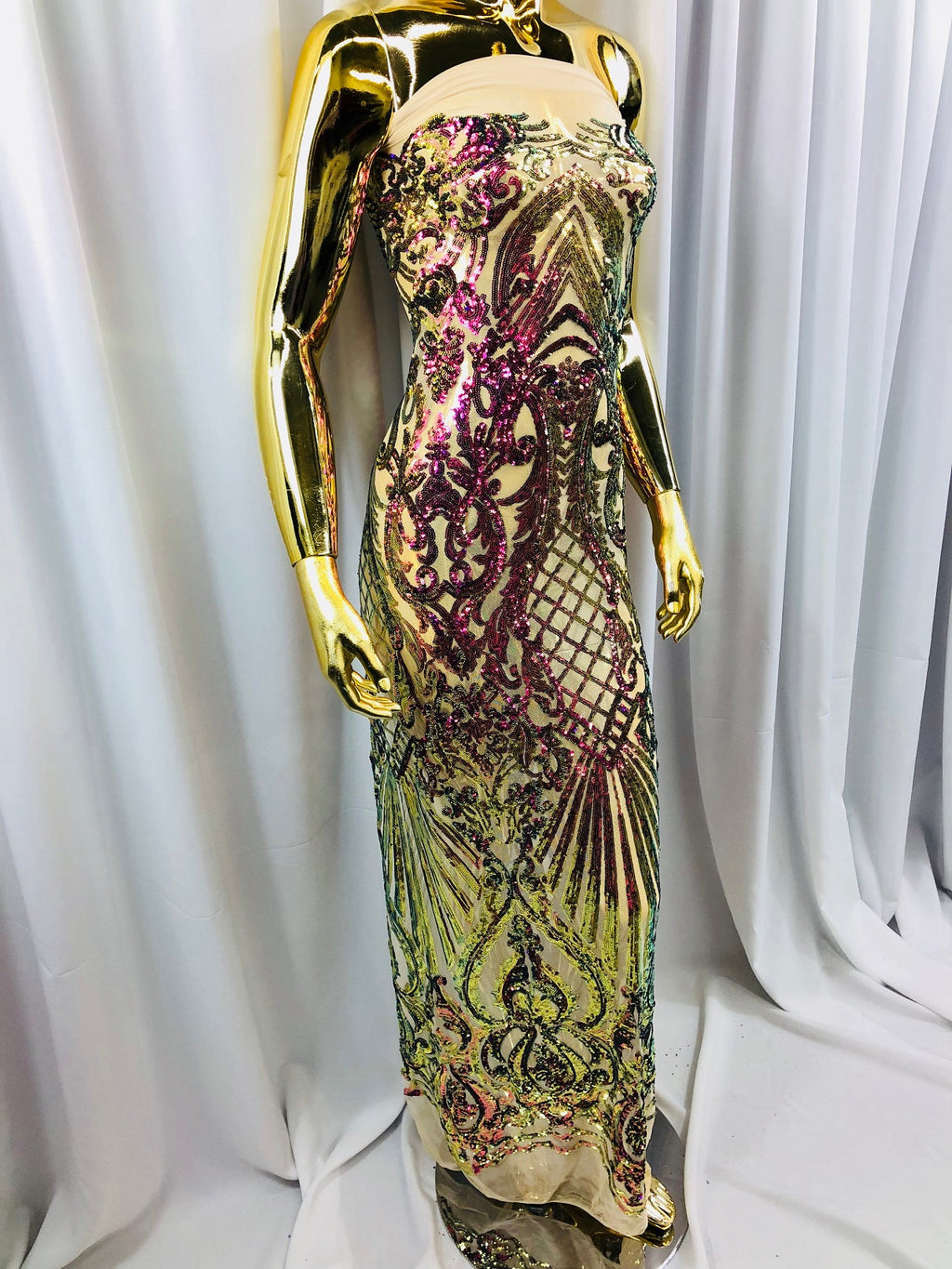 Iridescent - Magenta Gold - 4 Way Stretch Sequins Damask Pattern Fabric  - Sold By The Yard