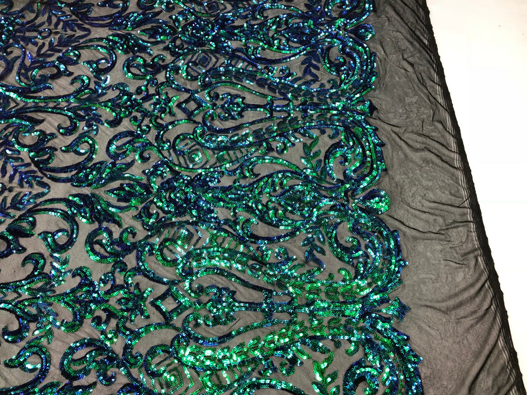 Iridescent - Blue / Green - 4 Way Stretch Sequins Vines Pattern Fabric  - Sold By The Yard
