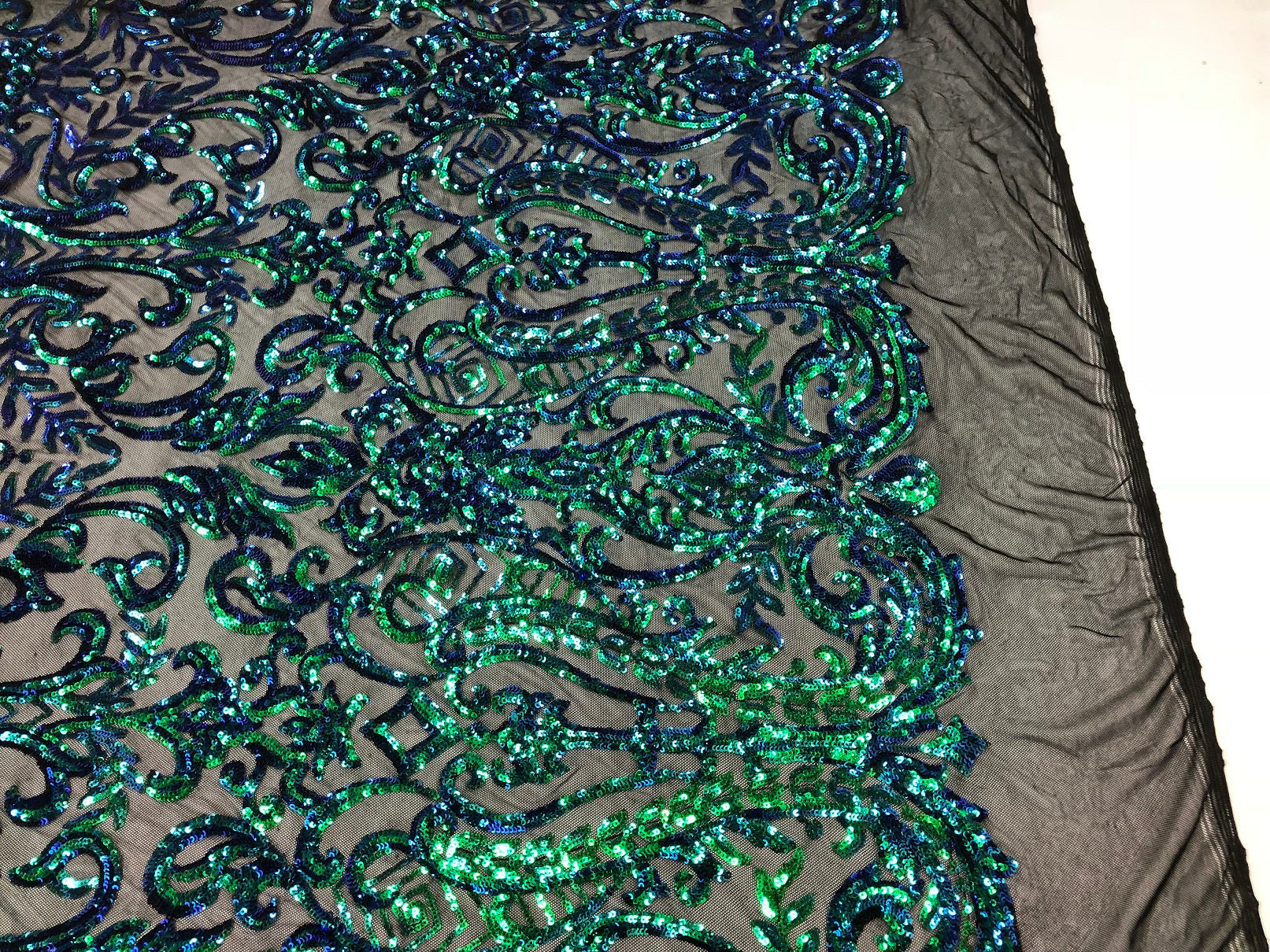 Iridescent - Blue / Green - 4 Way Stretch Sequins Vines Pattern Fabric  - Sold By The Yard