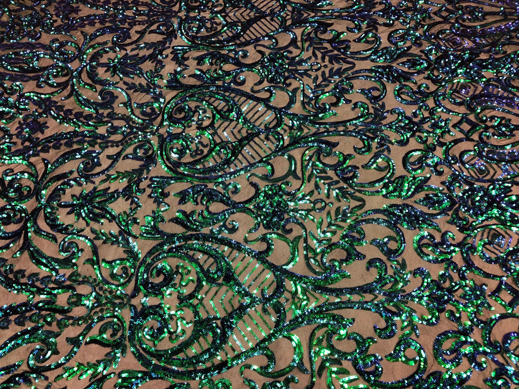 Iridescent - Blue / Green - 4 Way Stretch Sequins Vines Pattern Fabric  - Sold By The Yard