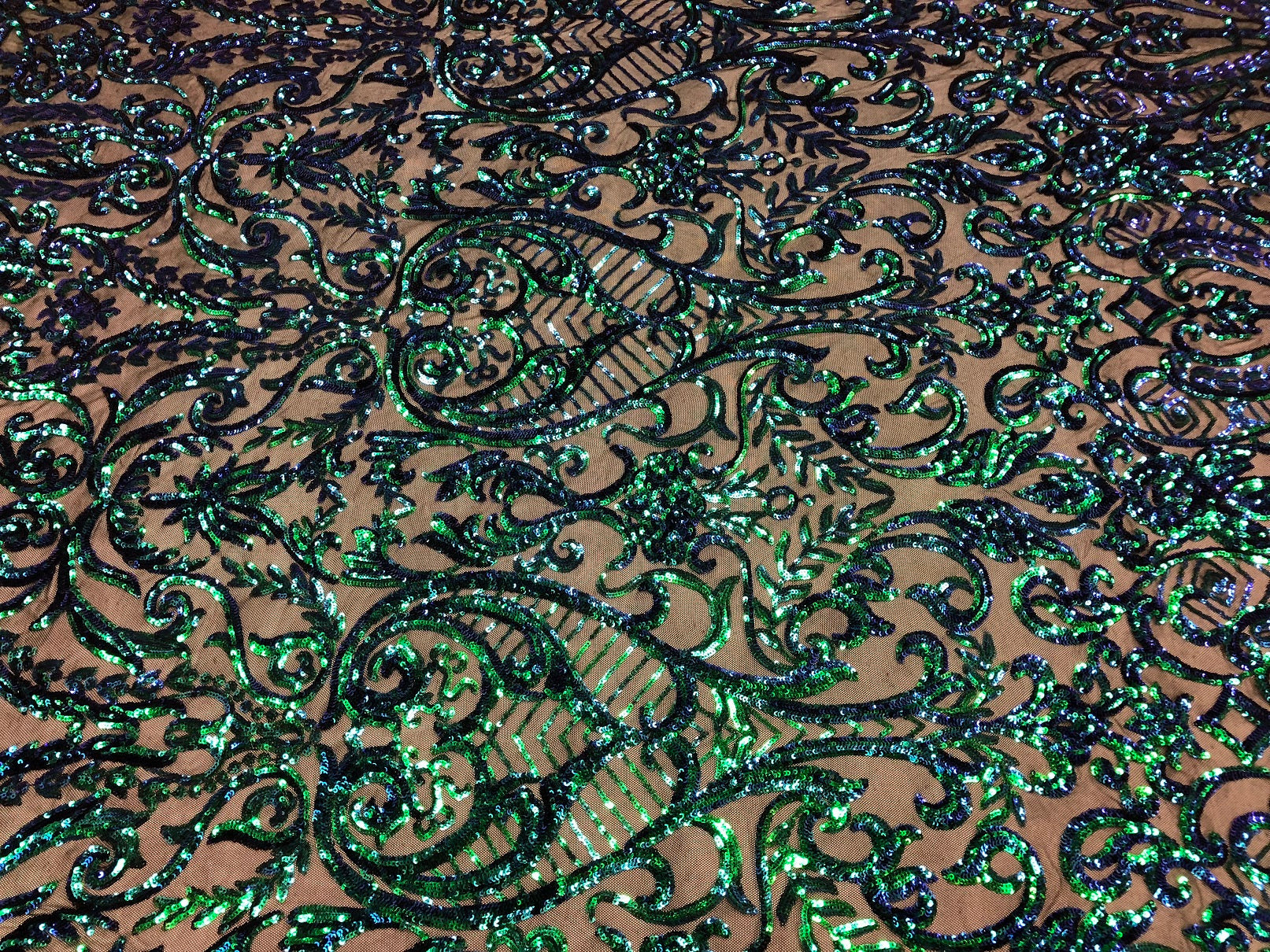 Iridescent - Blue / Green - 4 Way Stretch Sequins Vines Pattern Fabric  - Sold By The Yard