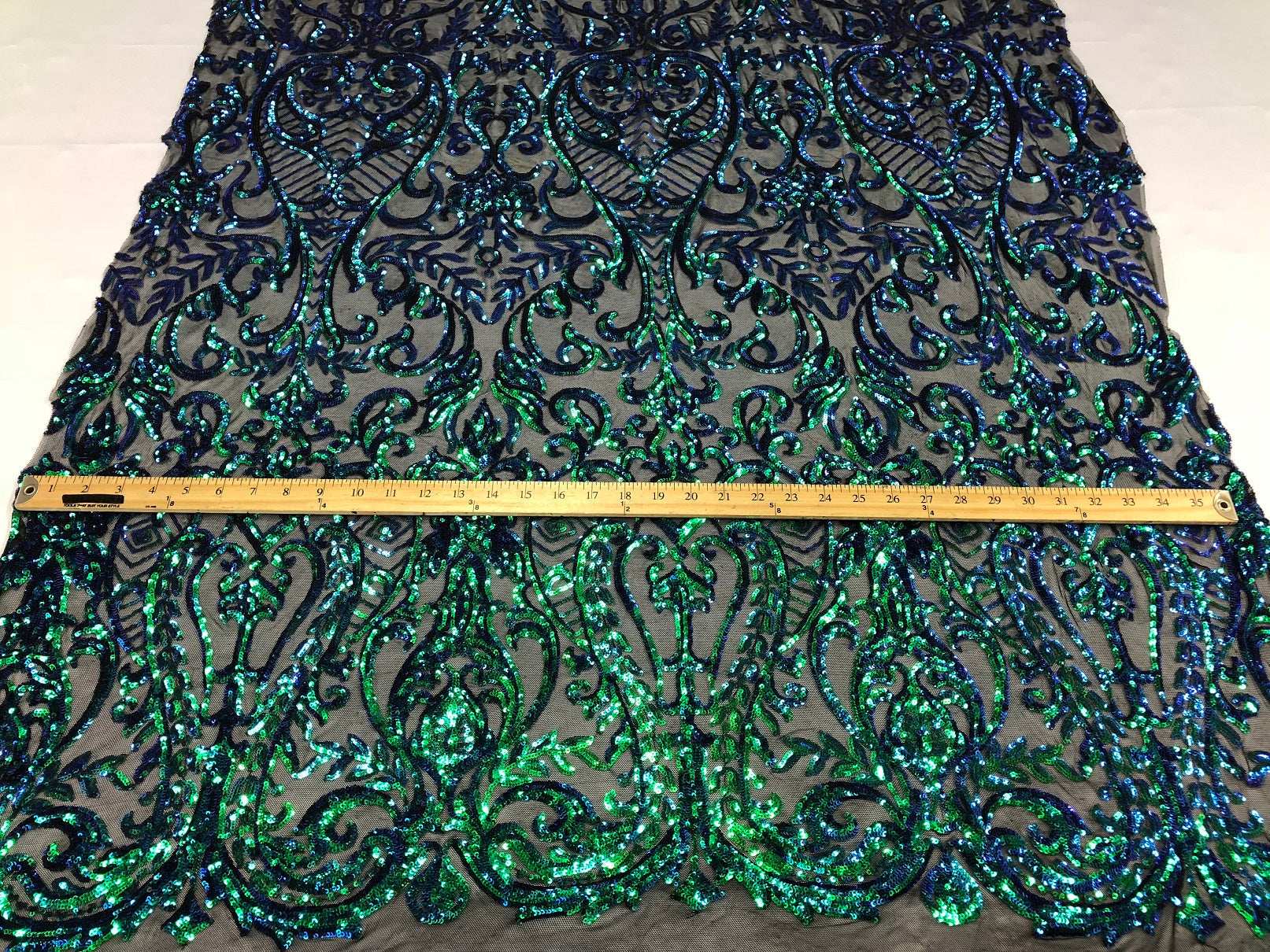 Iridescent - Blue / Green - 4 Way Stretch Sequins Vines Pattern Fabric  - Sold By The Yard