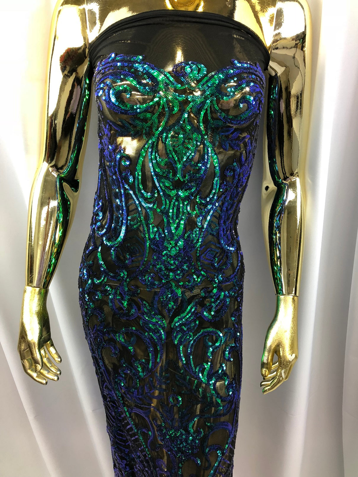 Iridescent - Blue / Green - 4 Way Stretch Sequins Vines Pattern Fabric  - Sold By The Yard