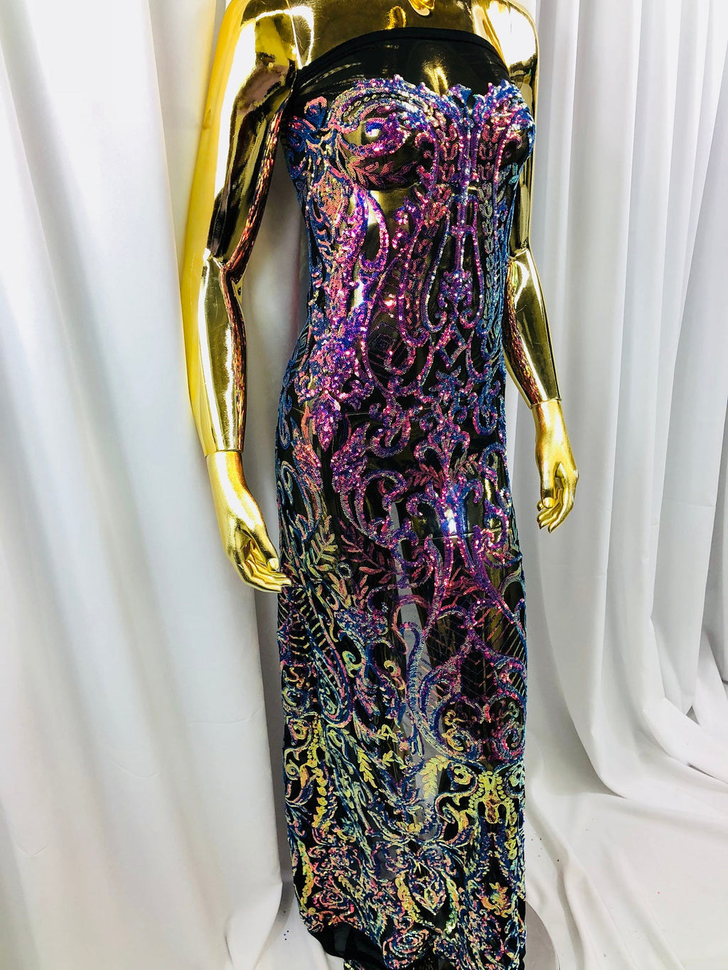 Iridescent - Magenta Rainbow - 4 Way Stretch Sequins Vines Pattern Fabric  - Sold By The Yard