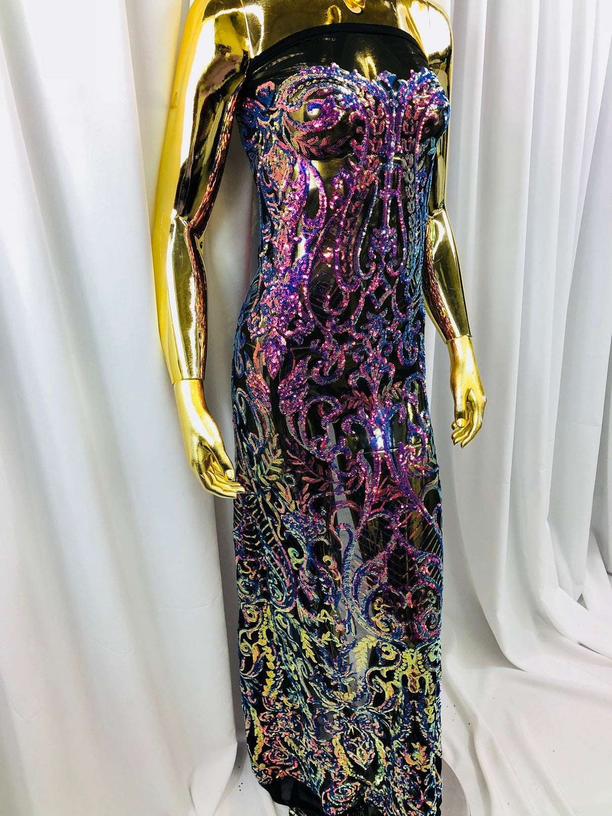 Iridescent - Magenta Rainbow - 4 Way Stretch Sequins Vines Pattern Fabric  - Sold By The Yard