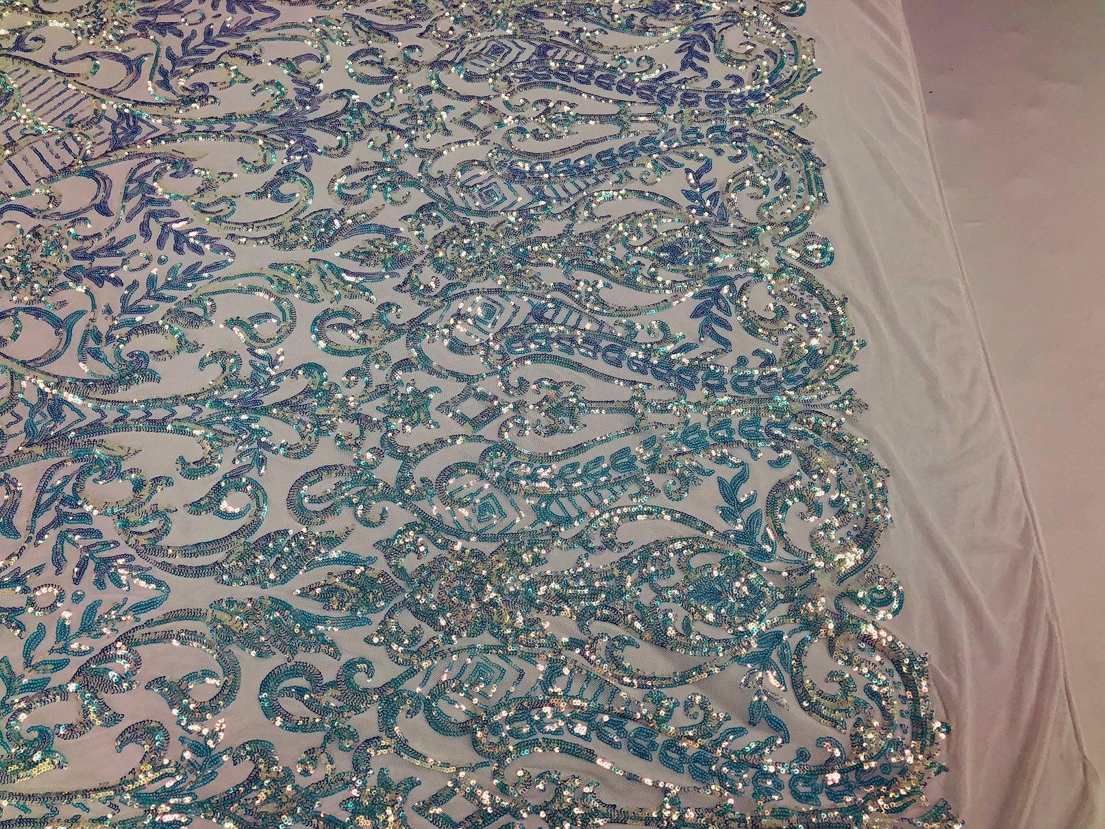 Iridescent - Baby Blue - 4 Way Stretch Sequins Vines Pattern Fabric  - Sold By The Yard