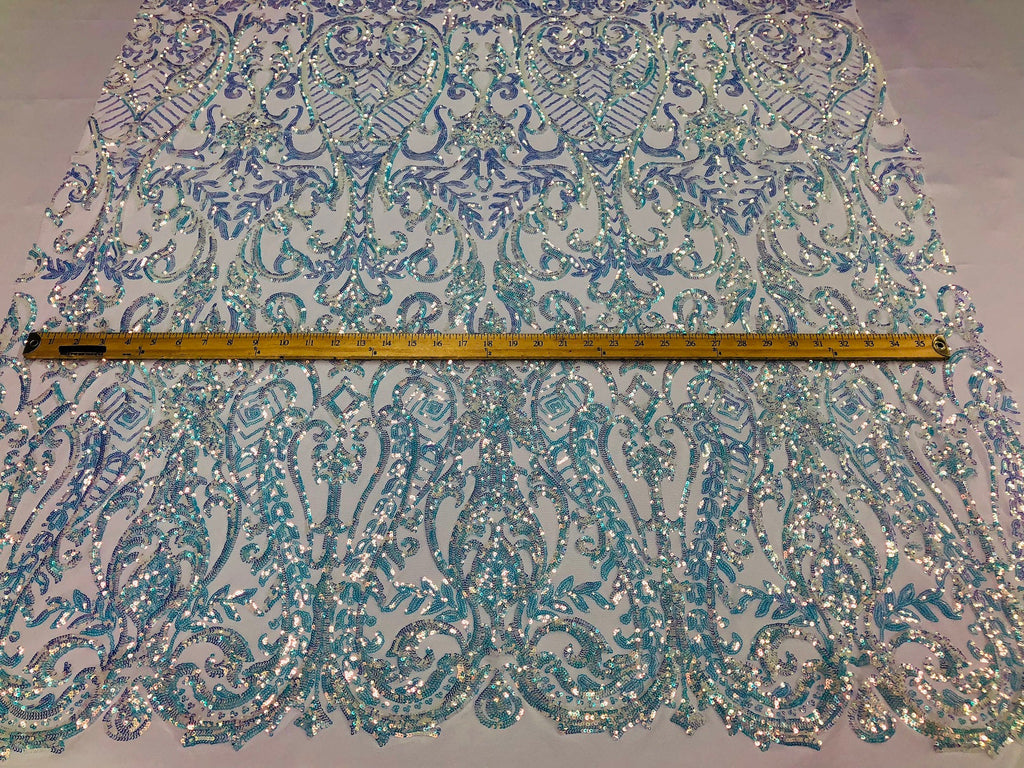 Iridescent - Baby Blue - 4 Way Stretch Sequins Vines Pattern Fabric  - Sold By The Yard