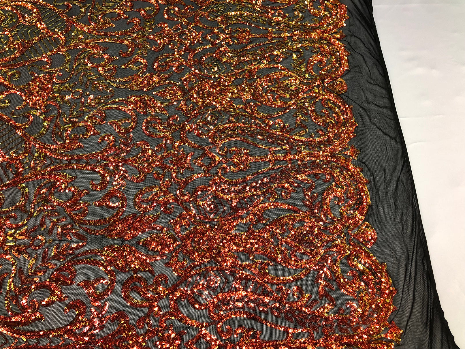 Iridescent - Orange Black Mesh - 4 Way Stretch Sequins Vines Pattern Fabric  - Sold By The Yard