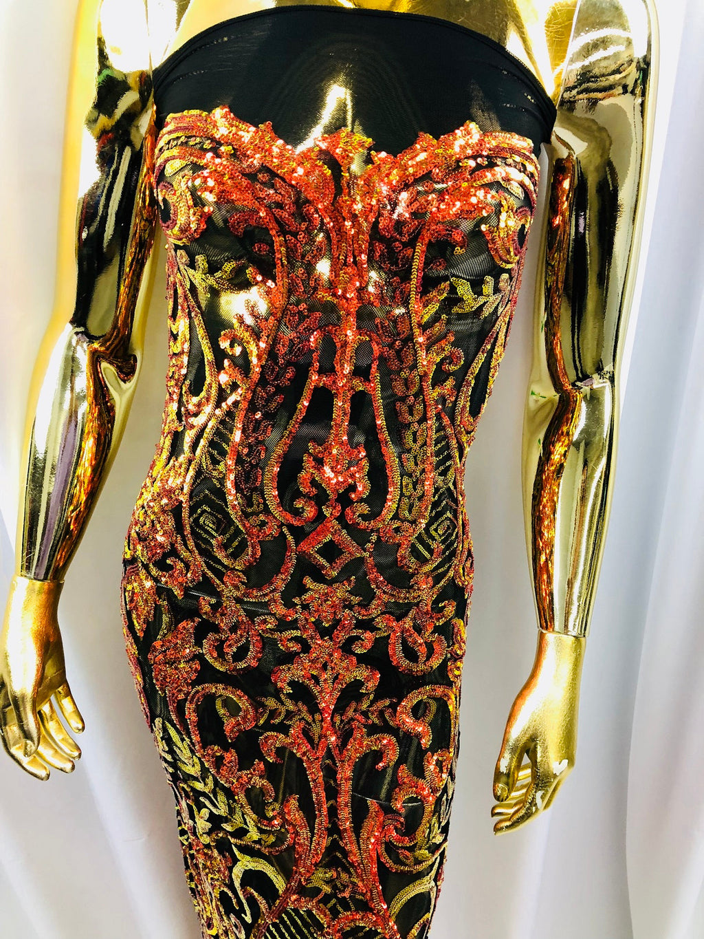 Iridescent - Orange Black Mesh - 4 Way Stretch Sequins Vines Pattern Fabric  - Sold By The Yard