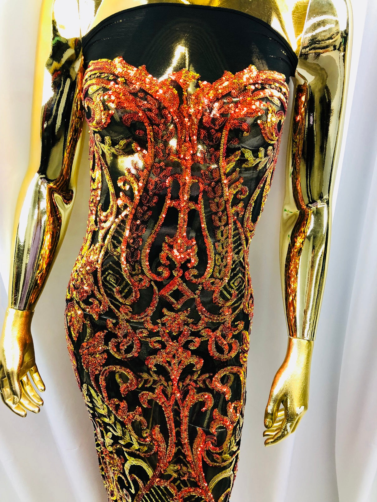 Iridescent - Orange Black Mesh - 4 Way Stretch Sequins Vines Pattern Fabric  - Sold By The Yard