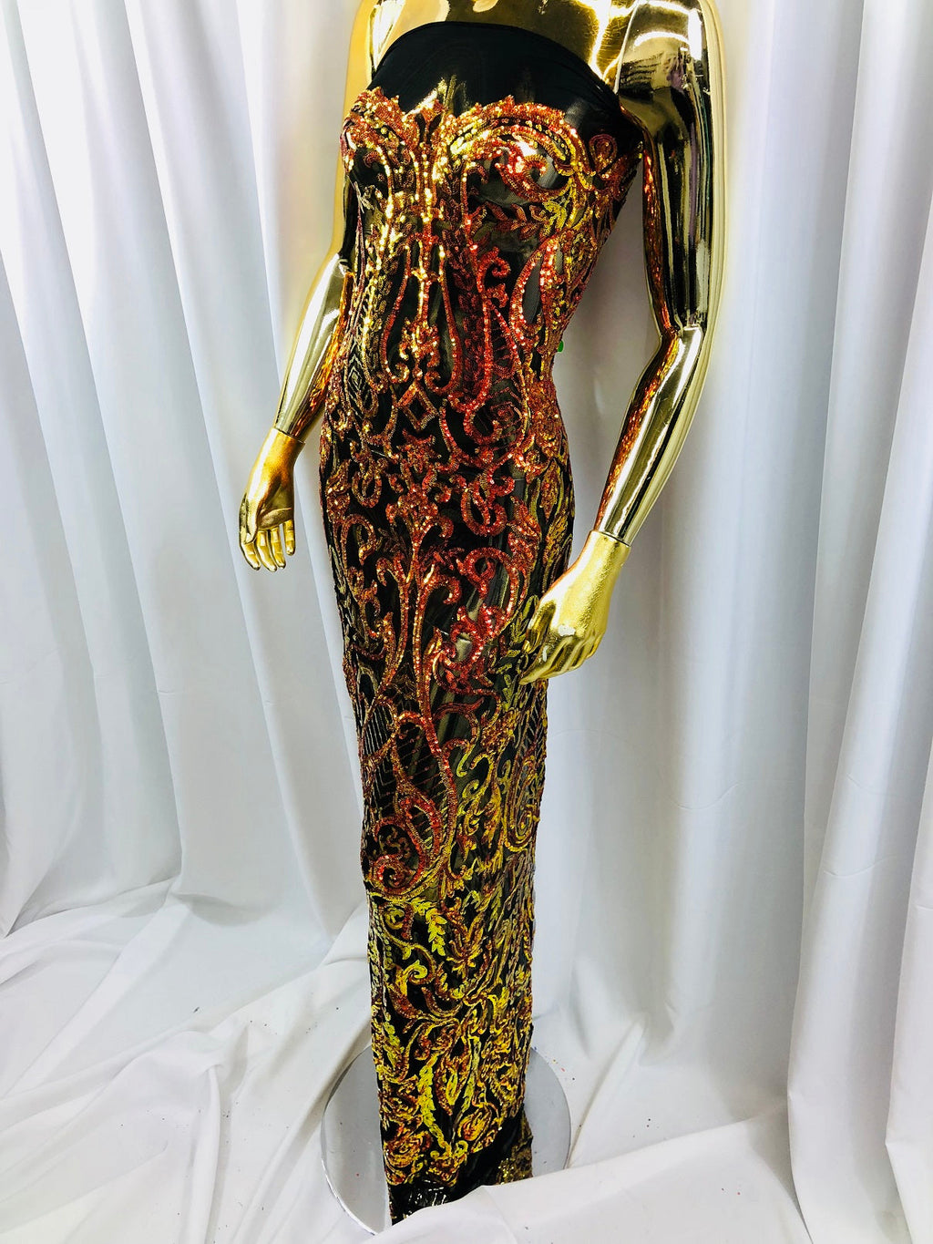Iridescent - Orange Black Mesh - 4 Way Stretch Sequins Vines Pattern Fabric  - Sold By The Yard