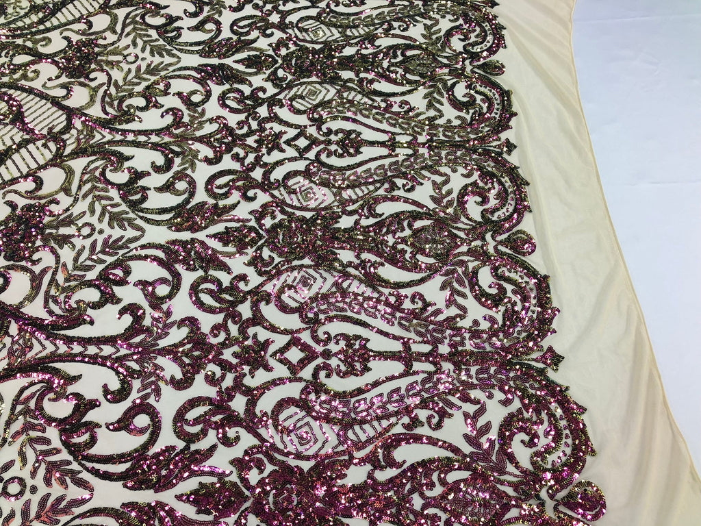 Iridescent - Magenta Gold - 4 Way Stretch Sequins Vines Pattern Fabric  - Sold By The Yard