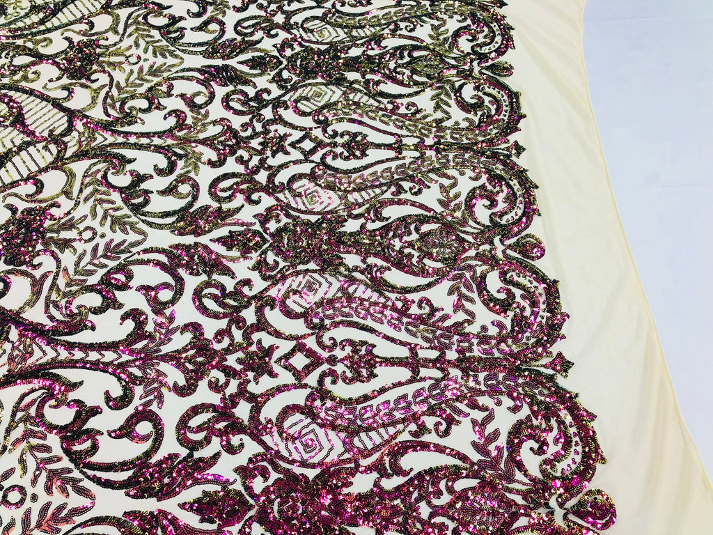 Iridescent - Magenta Gold - 4 Way Stretch Sequins Vines Pattern Fabric  - Sold By The Yard