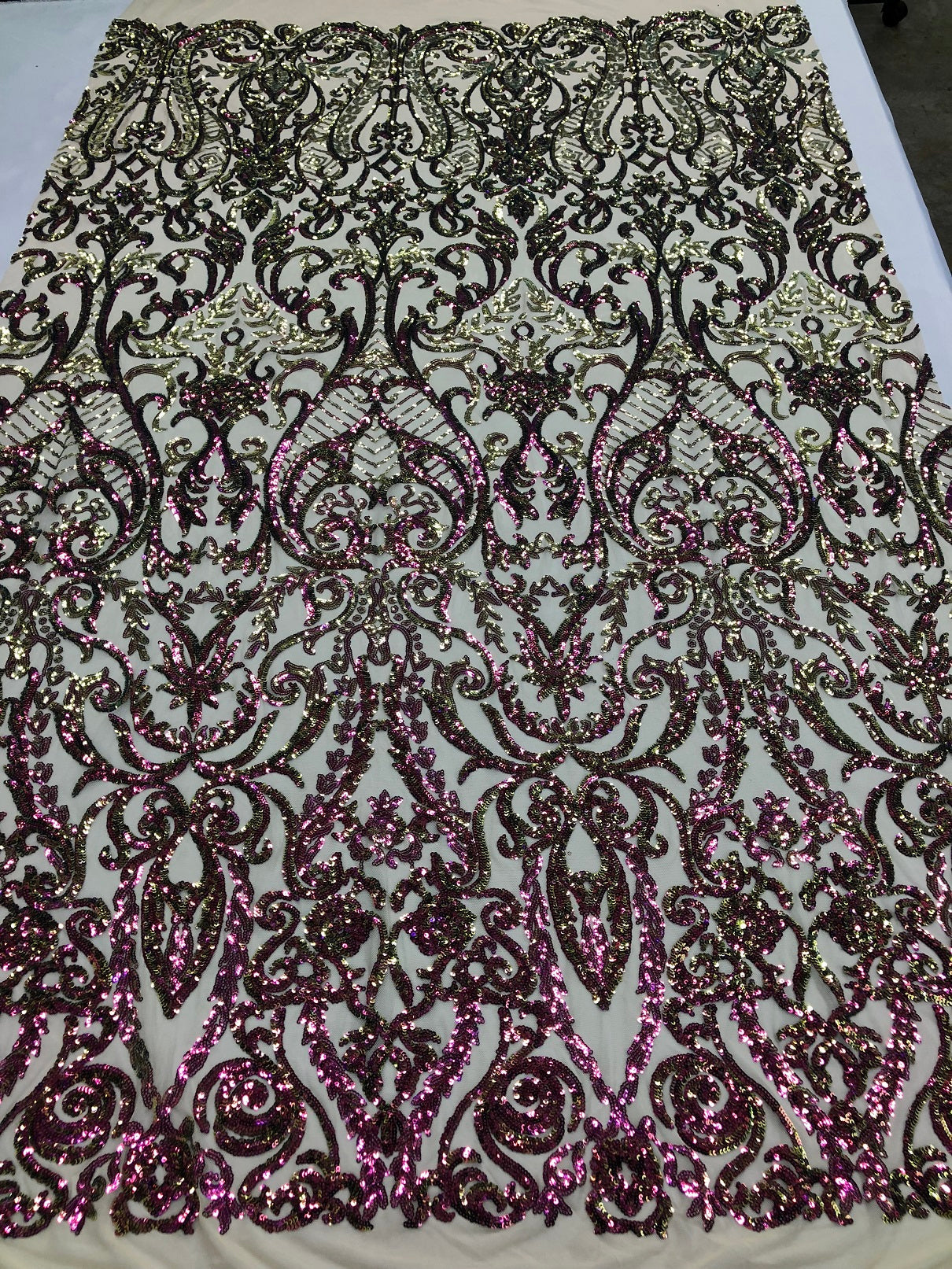 Iridescent - Magenta Gold - 4 Way Stretch Sequins Vines Pattern Fabric  - Sold By The Yard